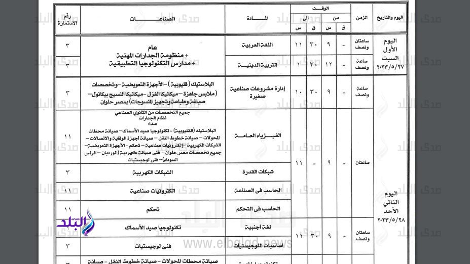 جدول امتحانات الدبلومات الفنية 2023 
