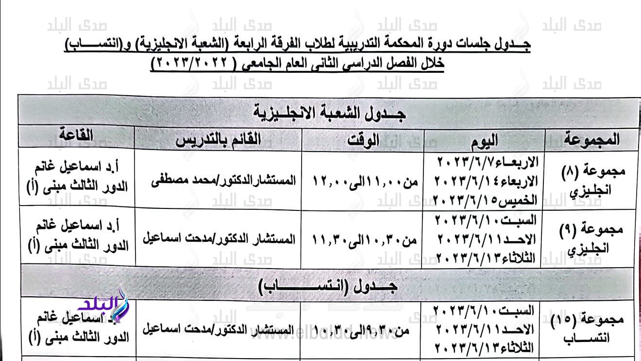 جدول جلسات دورة المحكمة التدريبية