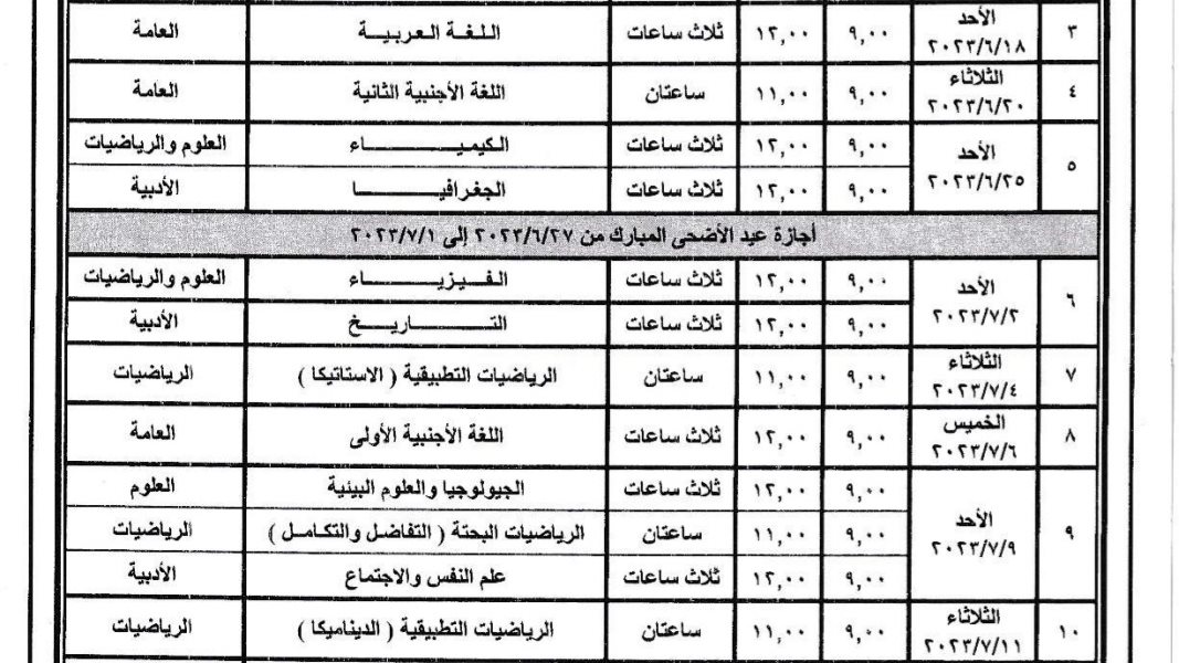 جدول امتحانات الثانويه