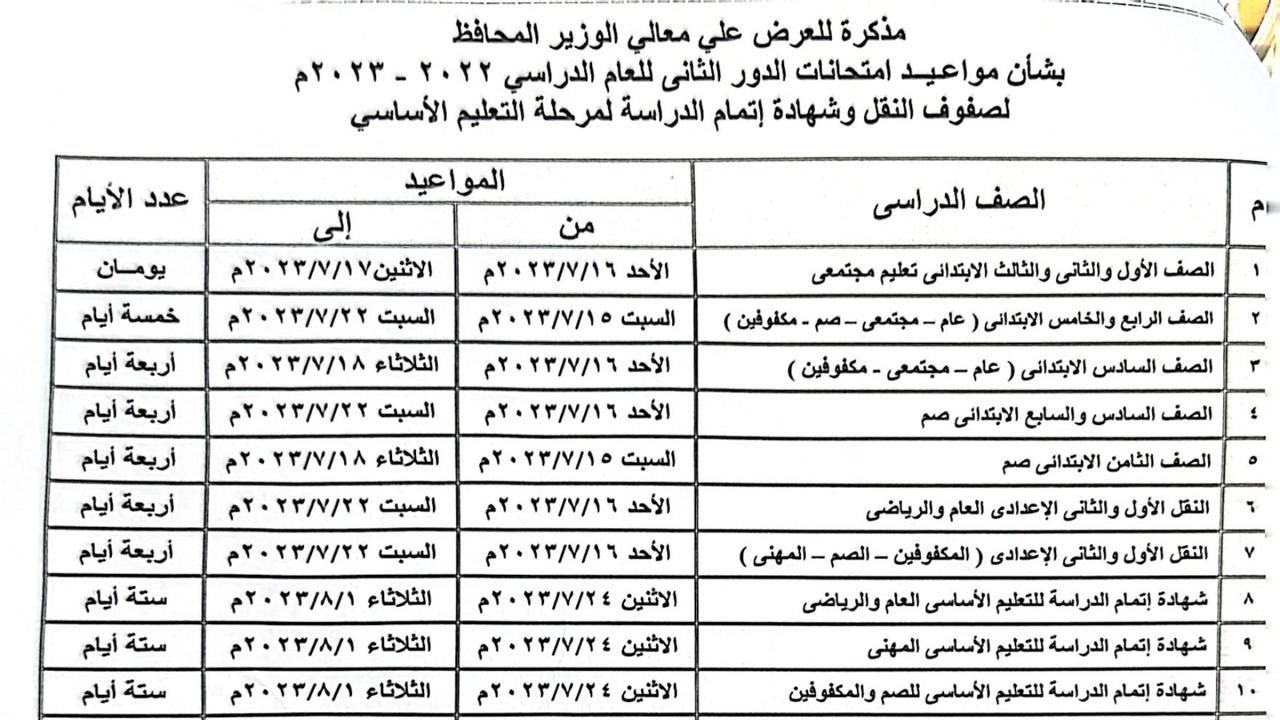 جدول الإمتحانات