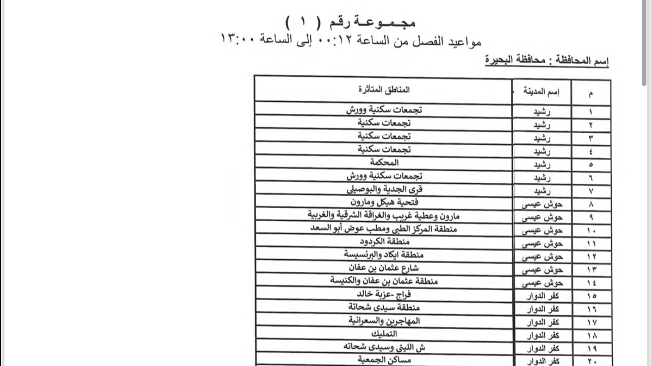 مواعيد قطع الكهرباء بمدن و مراكز البحيرة 