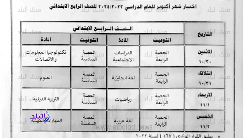 جدول امتحانات شهر أكتوبر