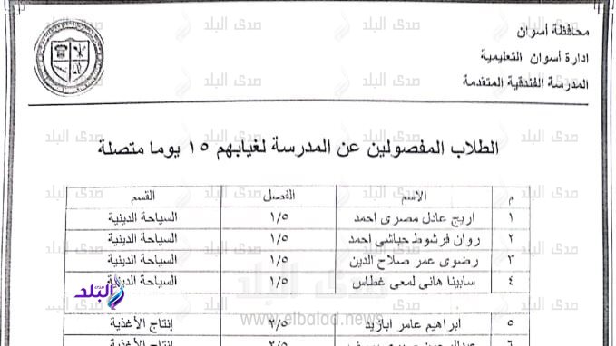 قائمة الطلاب المفصولين