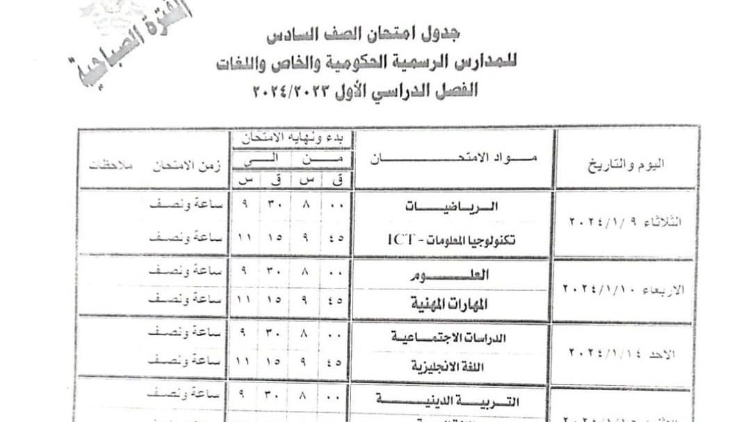 جدول امتحانات الصف السادس الابتدائي 