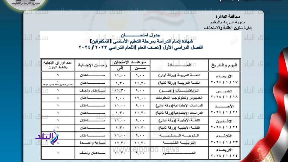 جدول امتحانات الفصل الدراسي الاول 2024 بالقاهرة