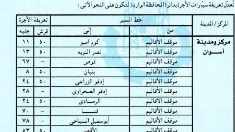 التعريفة الجديدة لخطوط السير بأسوان