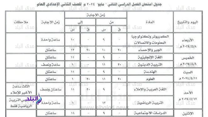 جدول امتحانات الترم الثاني 2024