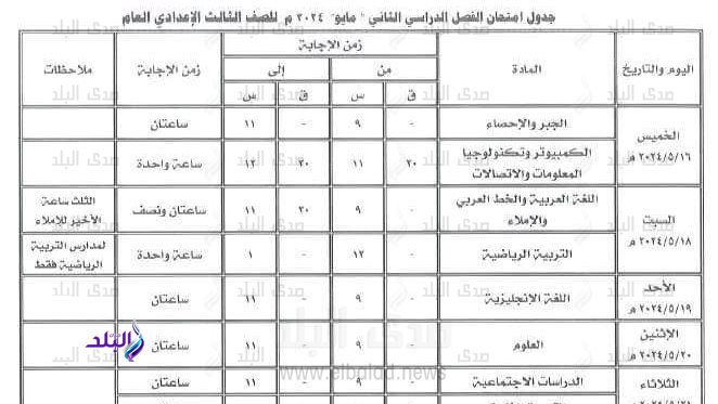 جدول امتحانات الشهادة الإعدادية 2024 الترم الثاني