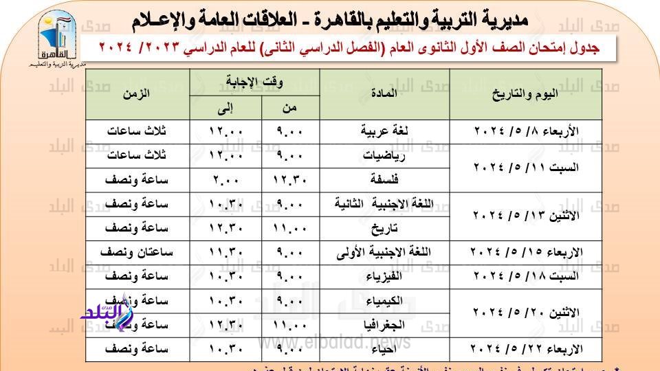 جدول امتحانات الصف الأول الثانوي 2024