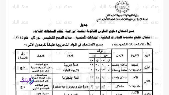 جدول امتحانات الدبلومات الفنية الدور الثاني 2024 