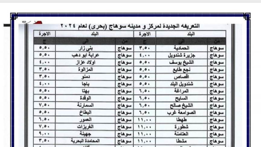 تعريفة المواصلات الجديدة