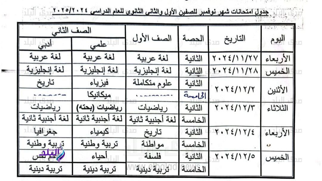 جدول  امتحانات شهر نوفمبر