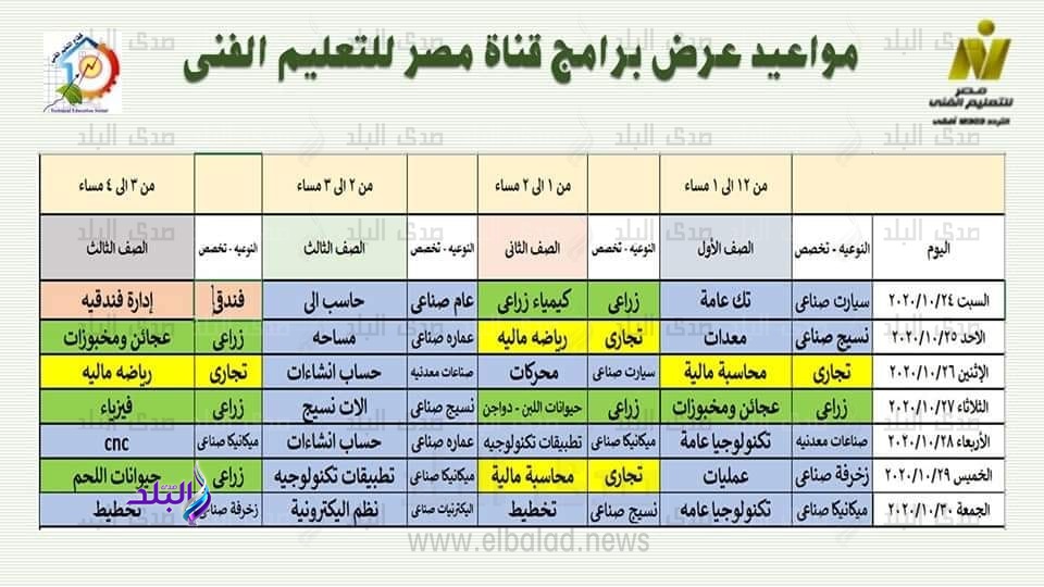 جدول قناة مصر للتعليم الفني