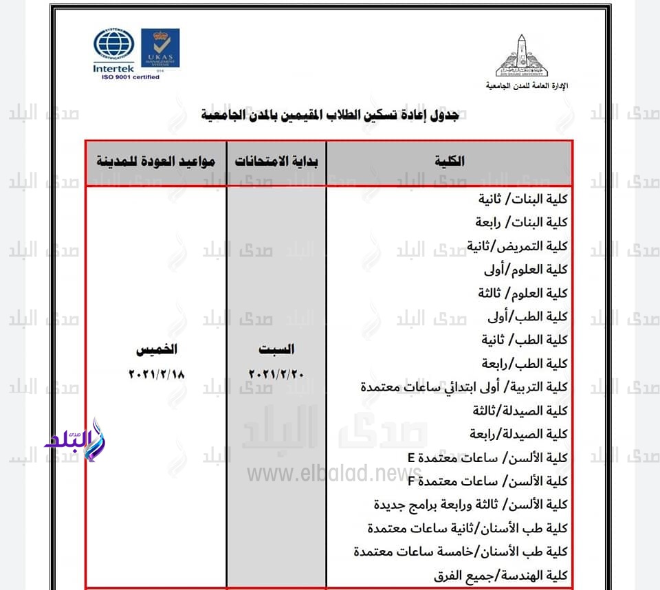 جداول تسكين الطلاب في المدن الجامعية