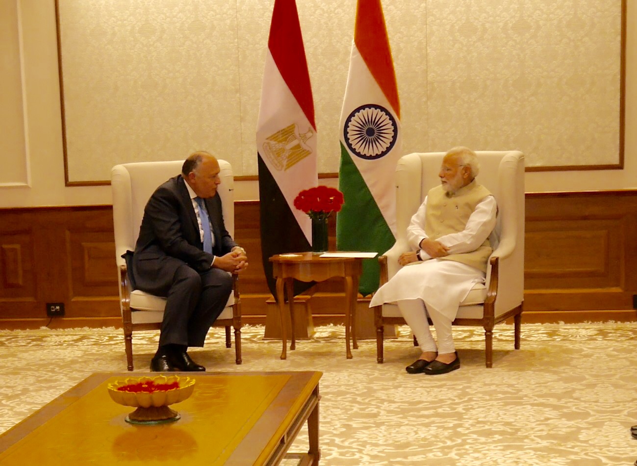 صورة أثناء اللقاء بين شكرى و ورئيس الوزراء الهندى