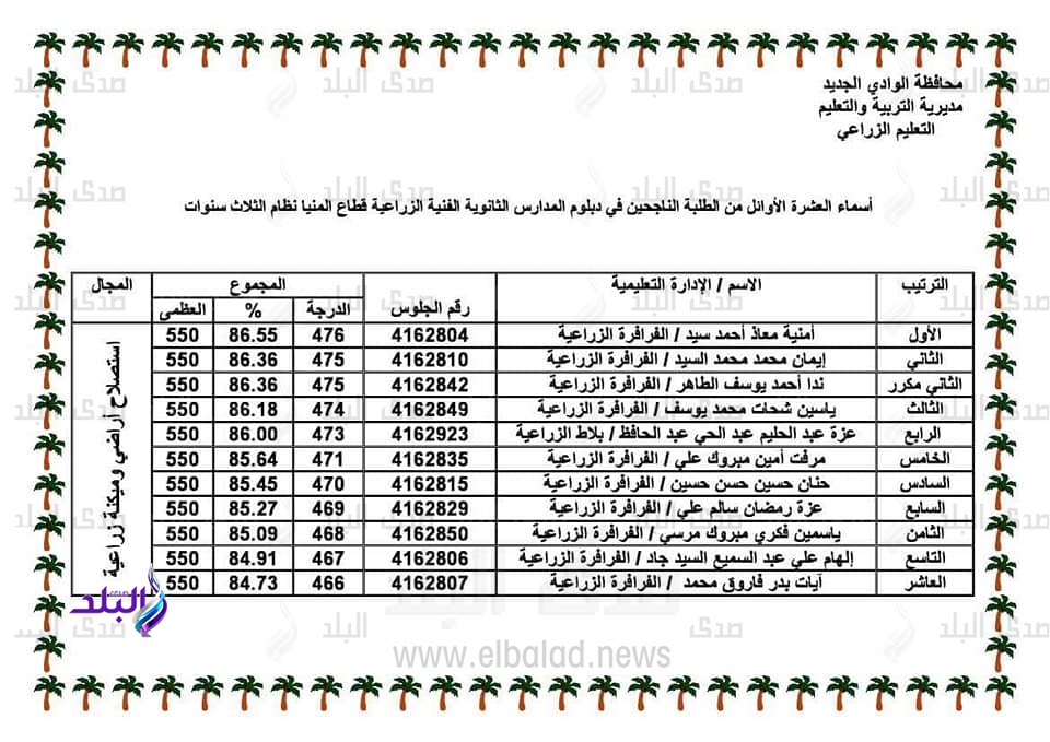 بالأسماء.. أوائل التعليم الفني في الوادى الجديد