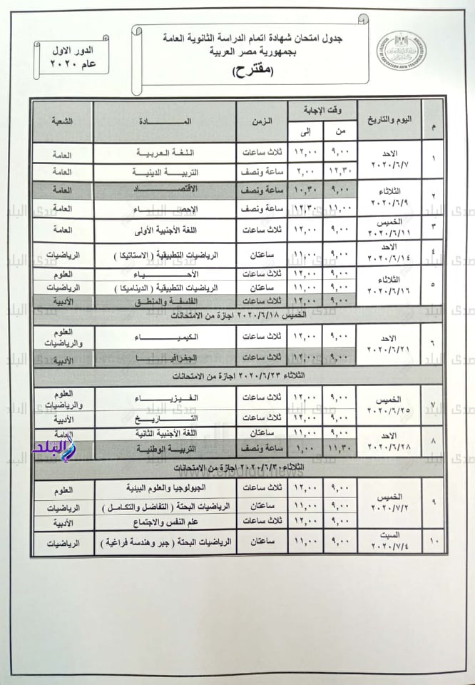 جدول امتحانات الثانوية العامة 2020