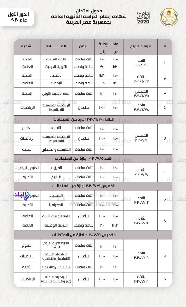 جدول امتحانات الثانوية العامة  2020