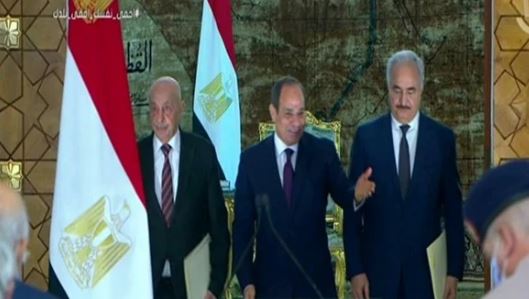 الرئيس عبدالفتاح السيسي، والمشير خليفة حفتر وعقيلة صالح