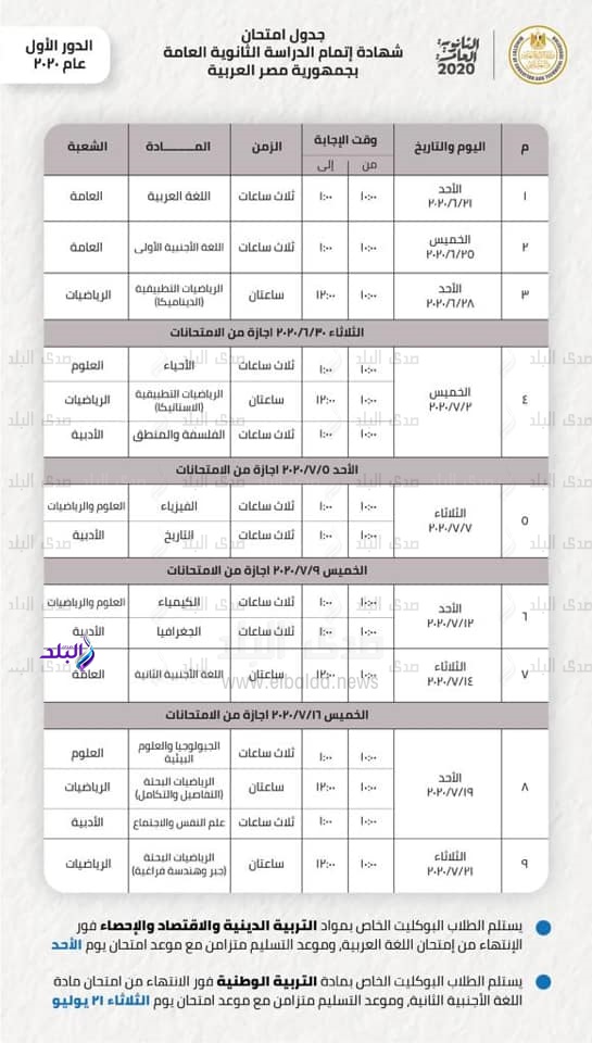 جدول امتحانات الثانوية العامة 2020