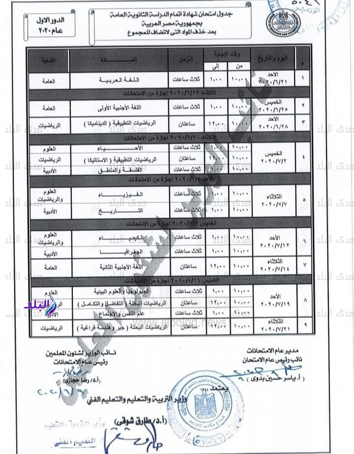 جدول امتحانات الثانوية العامة ٢٠٢٠ 