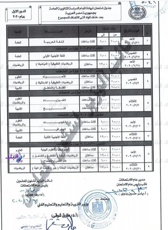 جدول امتحانات الثانوية العامة ٢٠٢٠ 