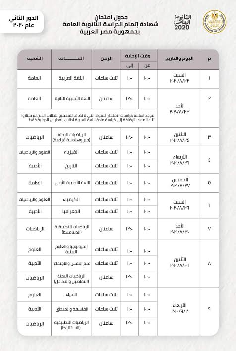  إمتحانات الدور الثانى للثانوية العامة
