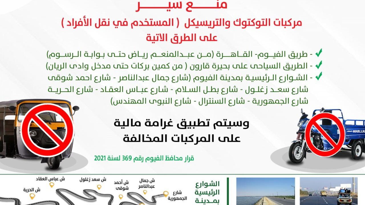 لوحة ارشادية بخطوط سير التوك توك بالفيوم