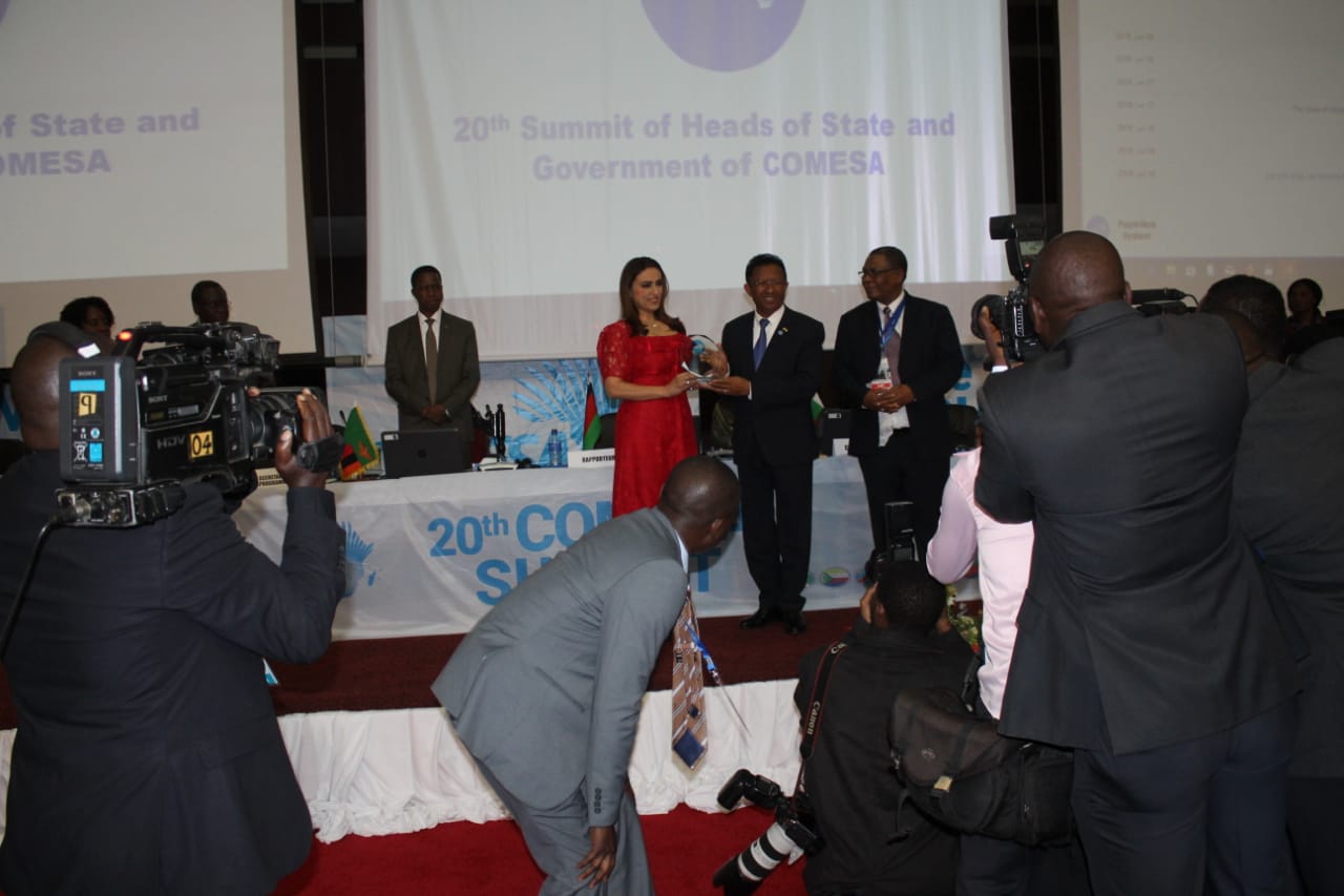 الإعلامية منى سويلم تتسلم جائزة الكوميسا للإعلام في القمة الـ 20 