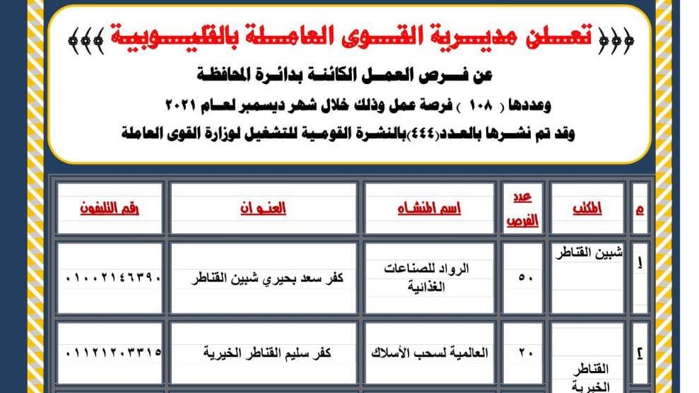 بمرتب 2500 جنيه.. توفير 108 فرص عمل|اعرف التفاصيل