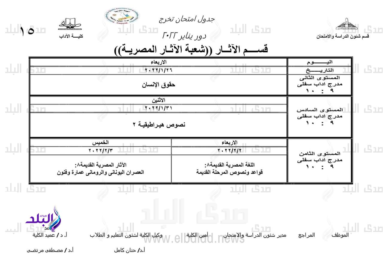 15 جدول امتحانات التخرج للفصل الدراسي الأول لكلية الآداب جامعة عين شمس 