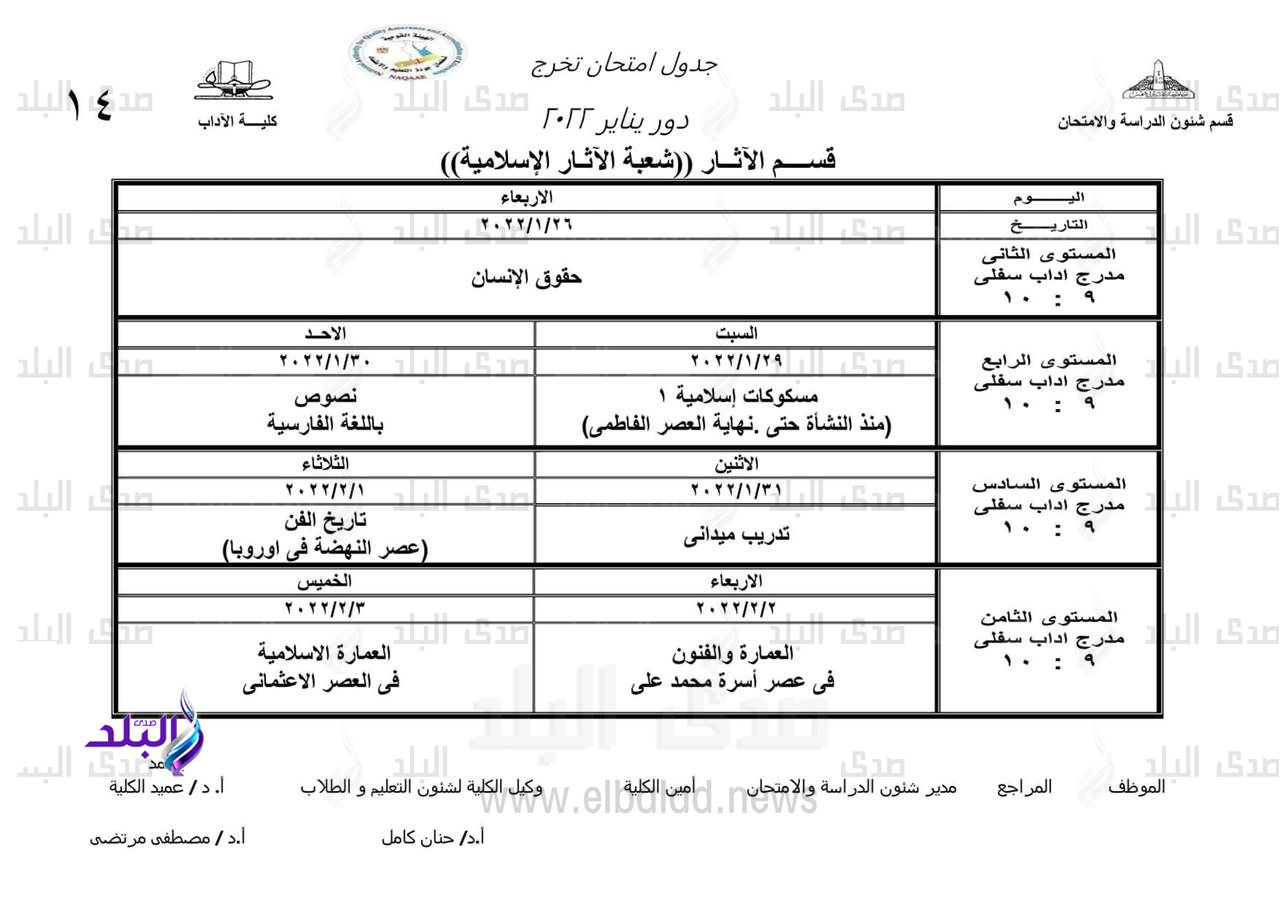 14 جدول امتحانات التخرج للفصل الدراسي الأول لكلية الآداب جامعة عين شمس 