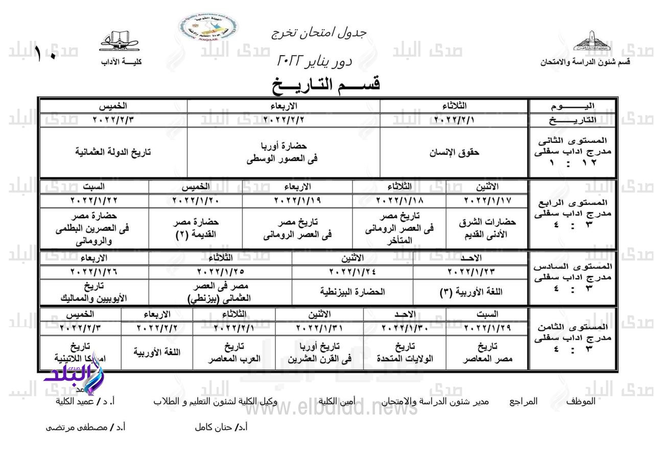 10 جدول امتحانات التخرج للفصل الدراسي الأول لكلية الآداب جامعة عين شمس 