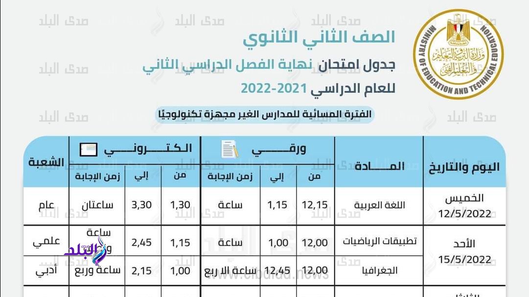 جدول امتحانات الصف الثاني الثانوي