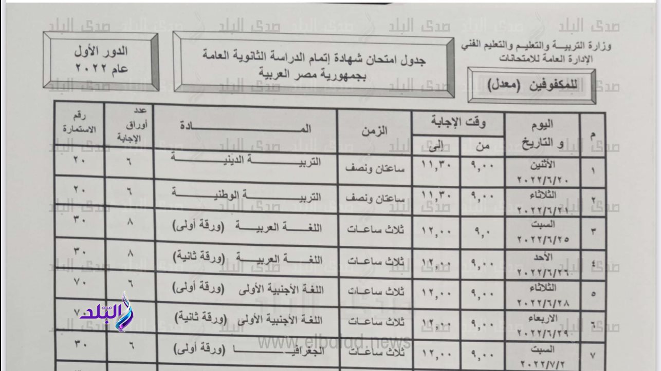 جدول امتحانات المكفوفين بعد التعديل