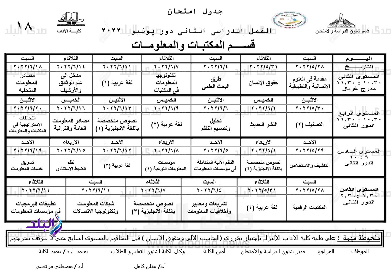 جدول امتحانات الترم الثاني نظام الساعات المعتمدة بآداب عين شمس