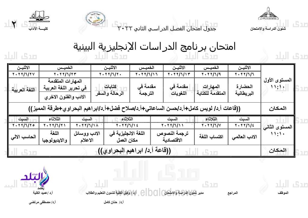 جدول امتحانات البرامج المميزة الفصل الدراسي الثاني