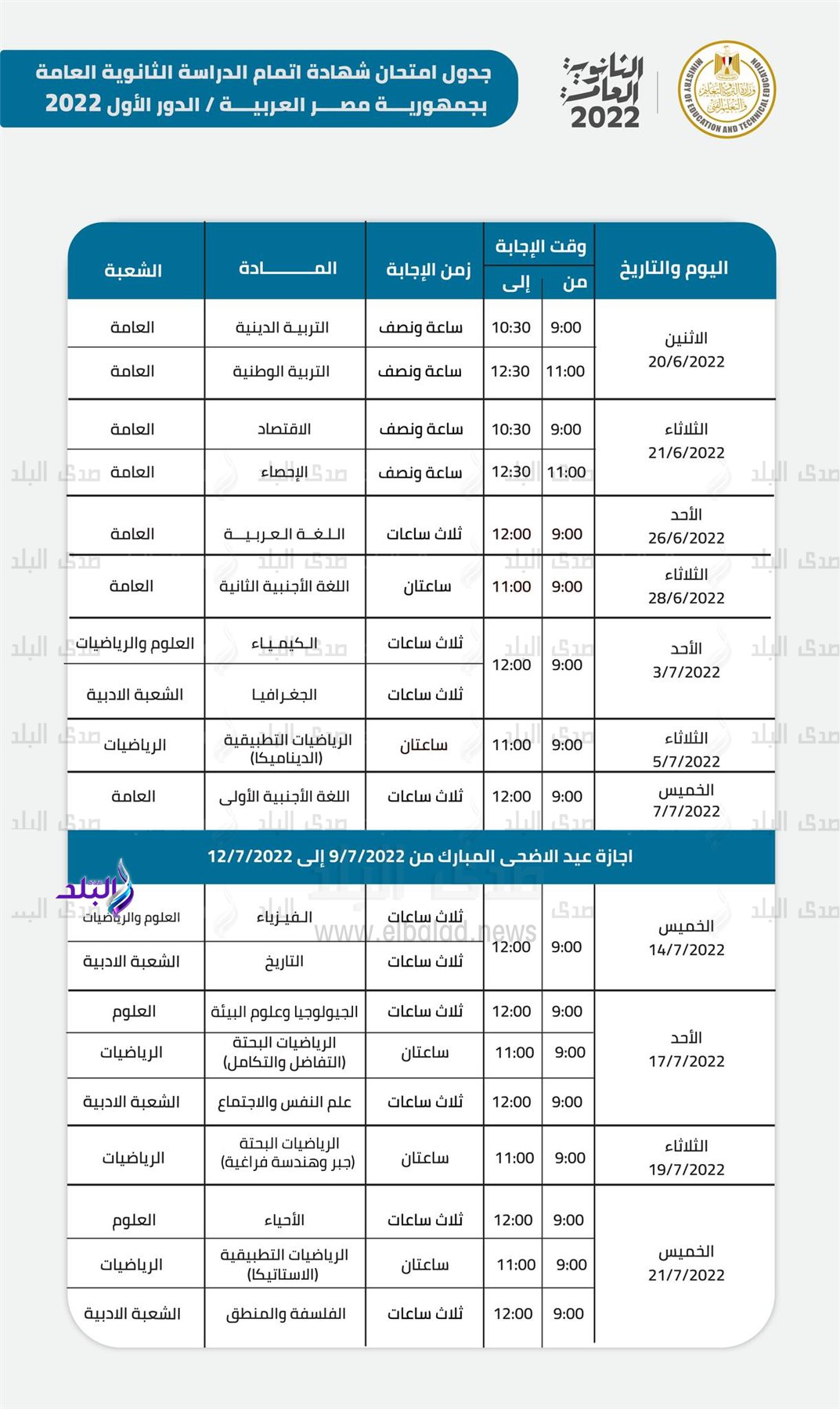 جدول امتحانات الثانوية العامة 2022