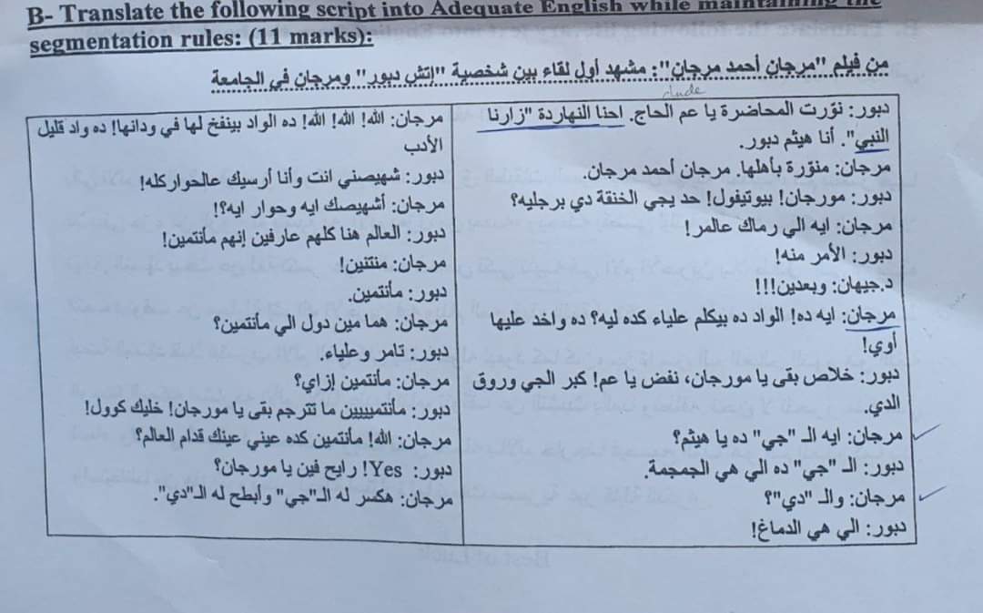  امتحان الترجمة للفرقة الثالثة 