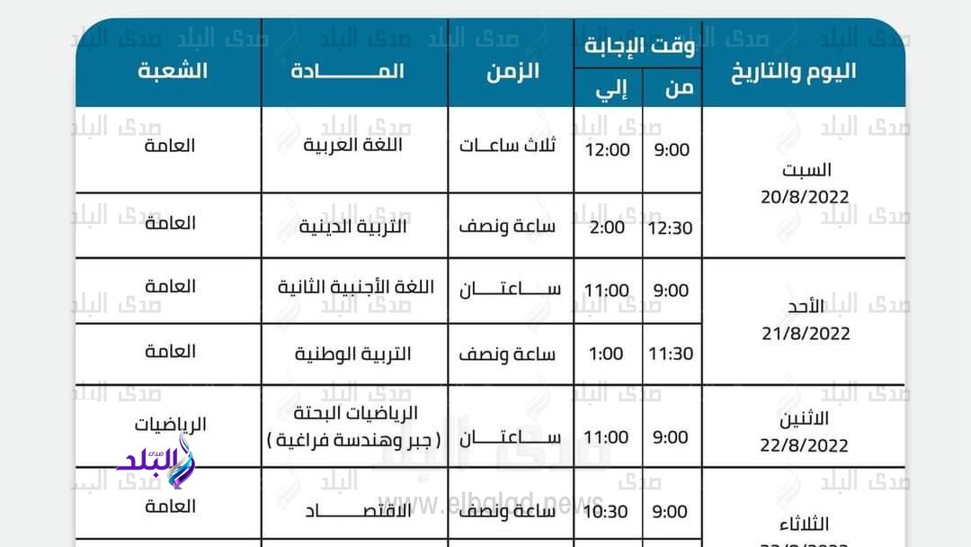 جدول امتحانات الدور الثاني لـ الثانوية العامة 2022