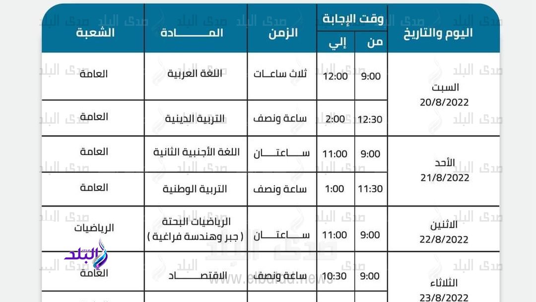 جدول امتحانات الدور الثاني للثانوية العامة 2022 