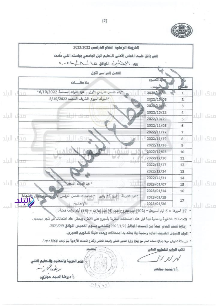 الخريطة الزمنية الجديدة للعام الدراسي 2022 / 2023