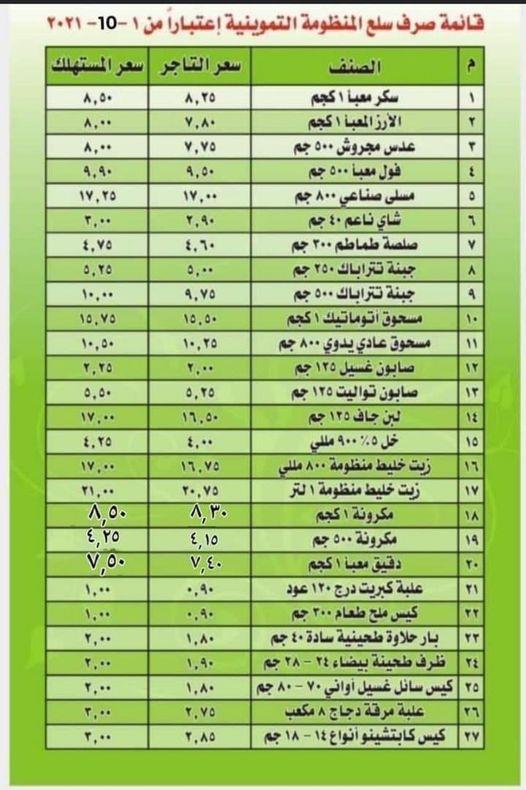 أسعار سلع التموين لشهر أكتوبر