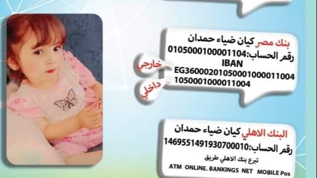 أرقام الحسابات البنكية للتبرع لطفلة العريش 
