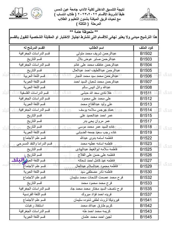 نتيجة التنسيق الداخلي لكلية الاداب جامعة عين شمس