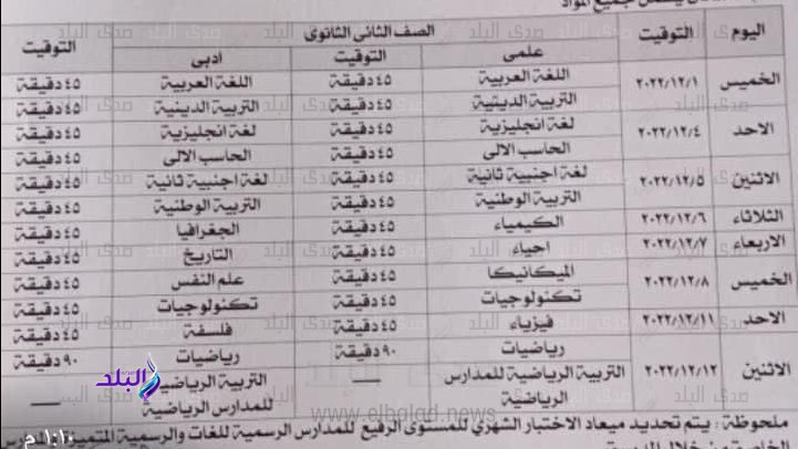 جدول امتحانات شهر نوفمبر 