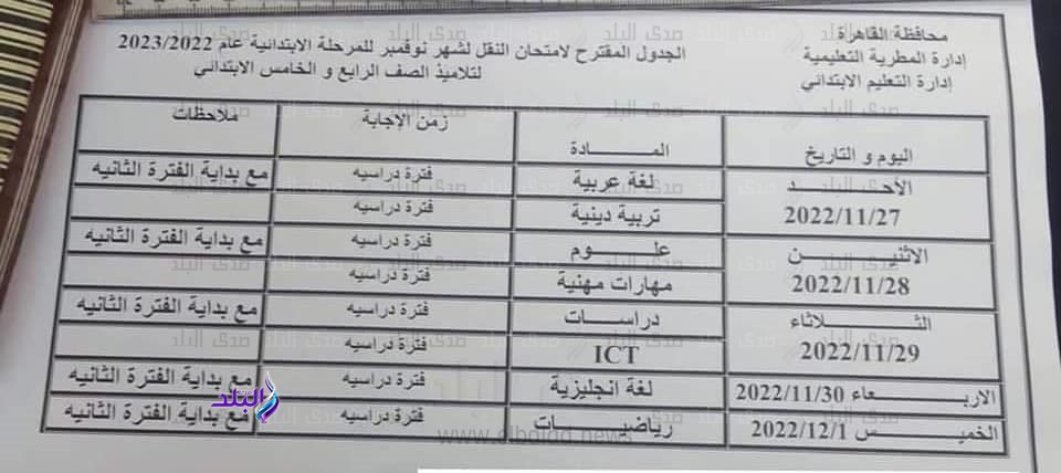 جدول امتحانات شهر نوفمبر محافظة القاهرة