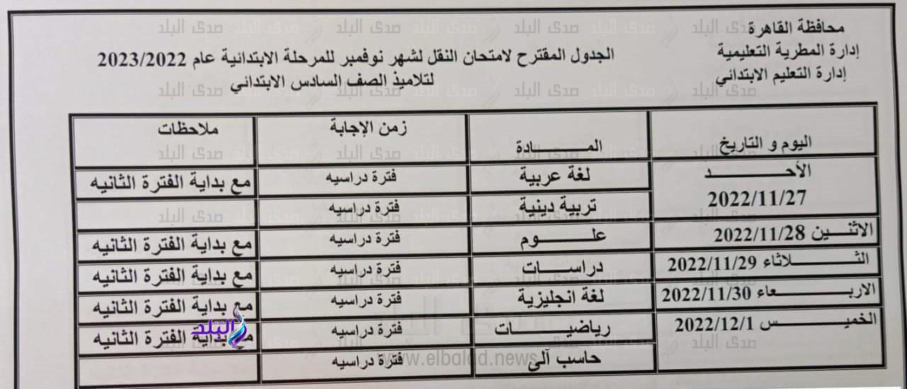 جدول امتحانات شهر نوفمبر محافظة القاهرة