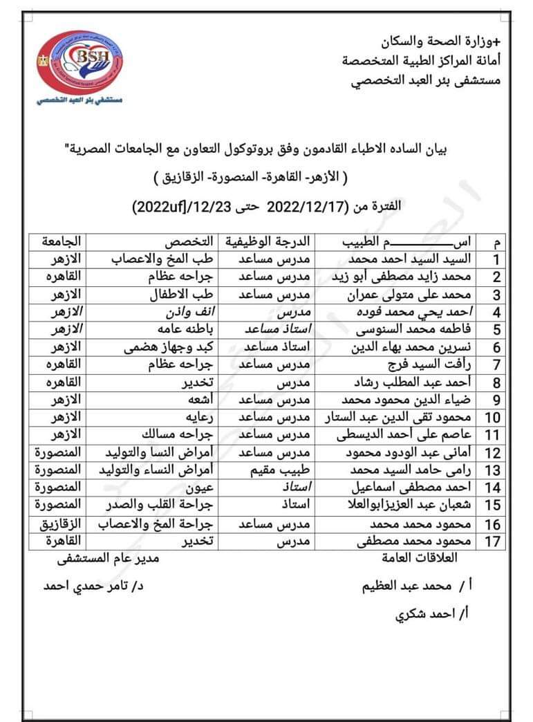 كشف بأسماء الأطباء تخصصات مختلفة ببئر العبد 