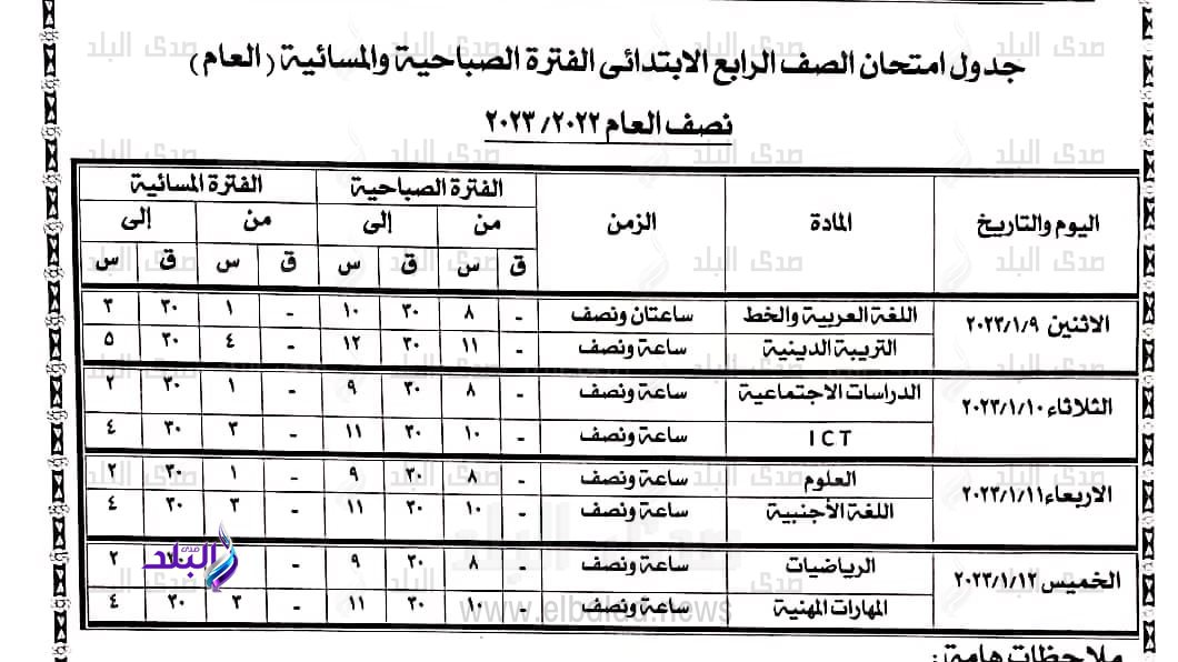 جدول امتحانات نصف العام 2023 الاسكندرية 